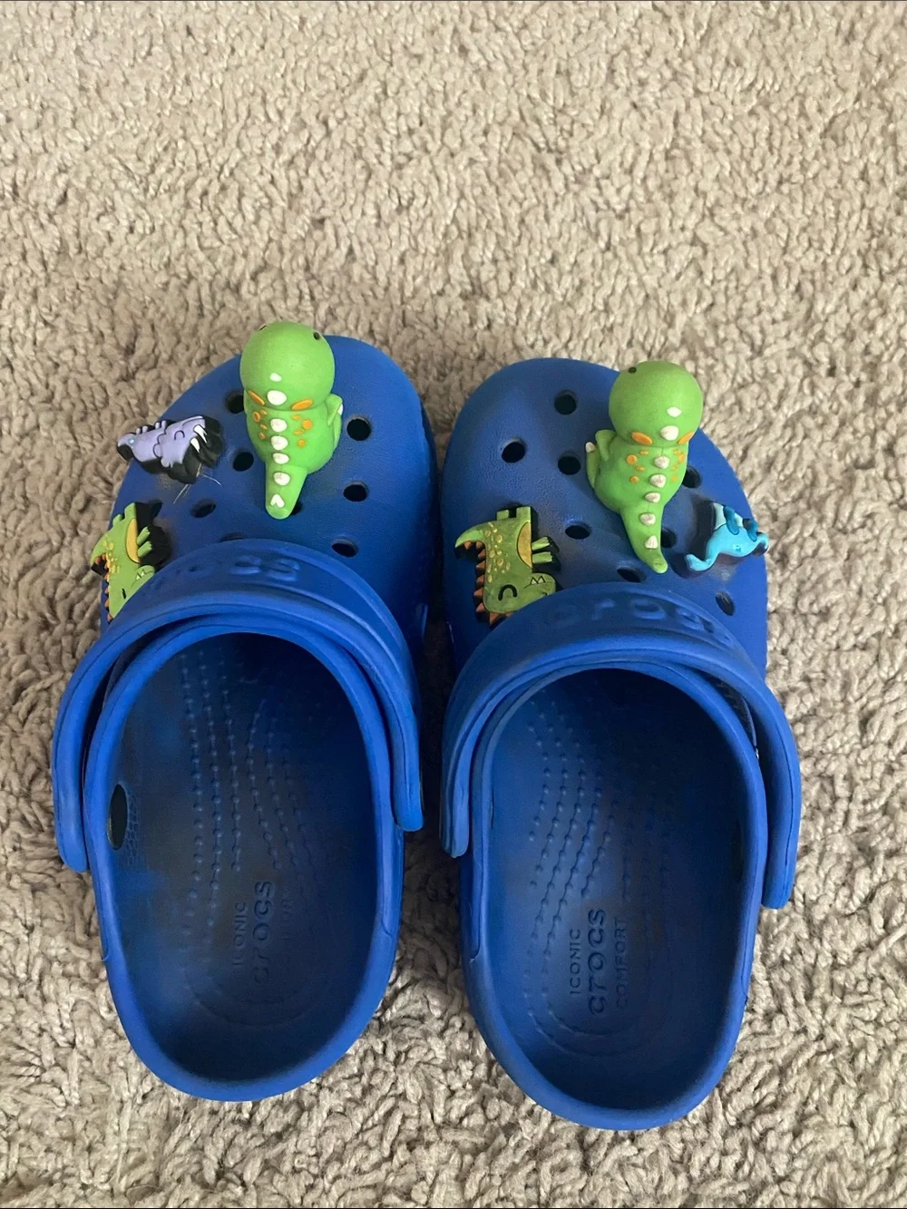 CROCS Kids Blue Clogs with Green Dinosaur Jibbitz size C8